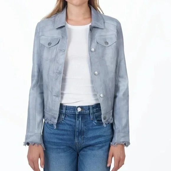 JKT NYC Womens Grey Genuine Leather Fringed Jacket Size XS 'Alexa‎ Patina' Moto